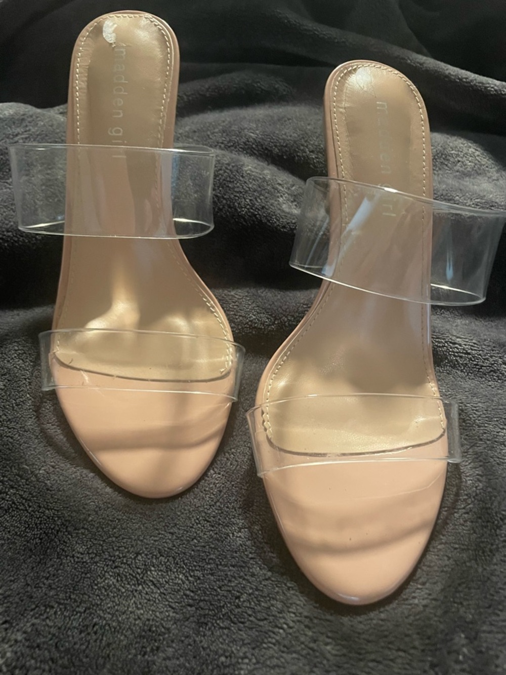 Madden Girl Nude Slide Heels with Clear Straps